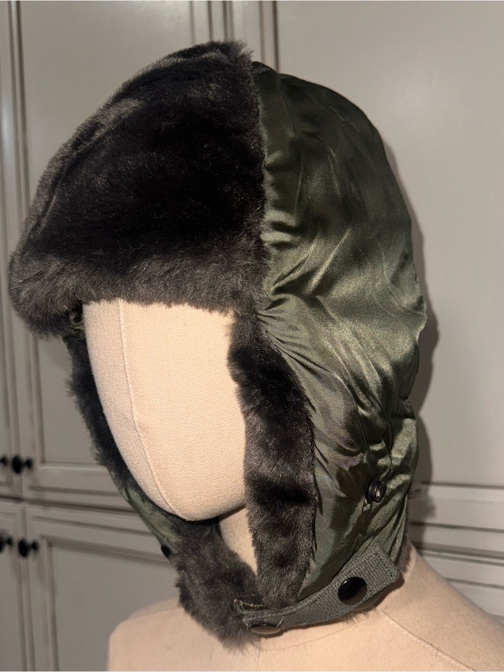 Vintage 1974 Aviation military flying cap winter fur helmet sage green USAF